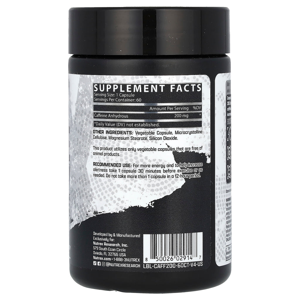 Nutrex Research Caffeine 200mg Capsules: Fast-Acting Energy & Focus Supplement 60 Count