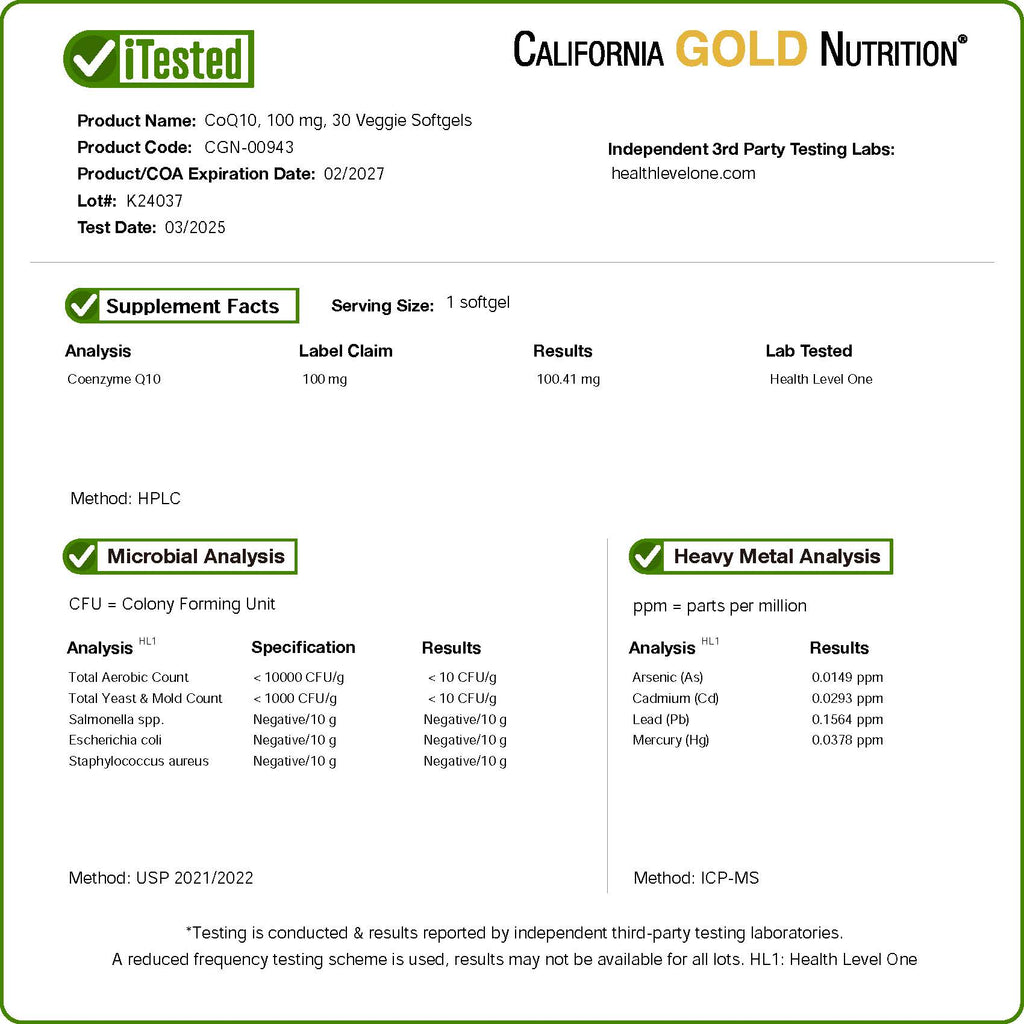 California Gold Nutrition CoQ10 100mg Veggie Softgels for Mitochondrial & Heart Health
