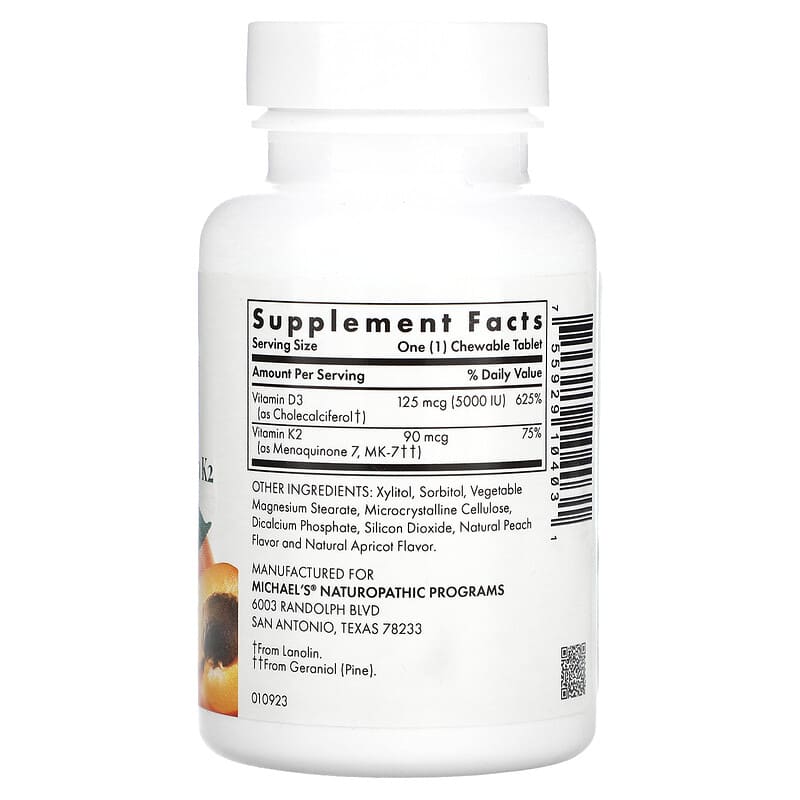 Michael's Health D3 with K2 Apricot Flavor, 90 Vegetarian Chewable Tablets