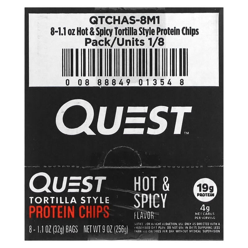 Quest Nutrition Hot & Spicy Tortilla Style Protein Chips - High Protein Low Carb Snack 8-Pack