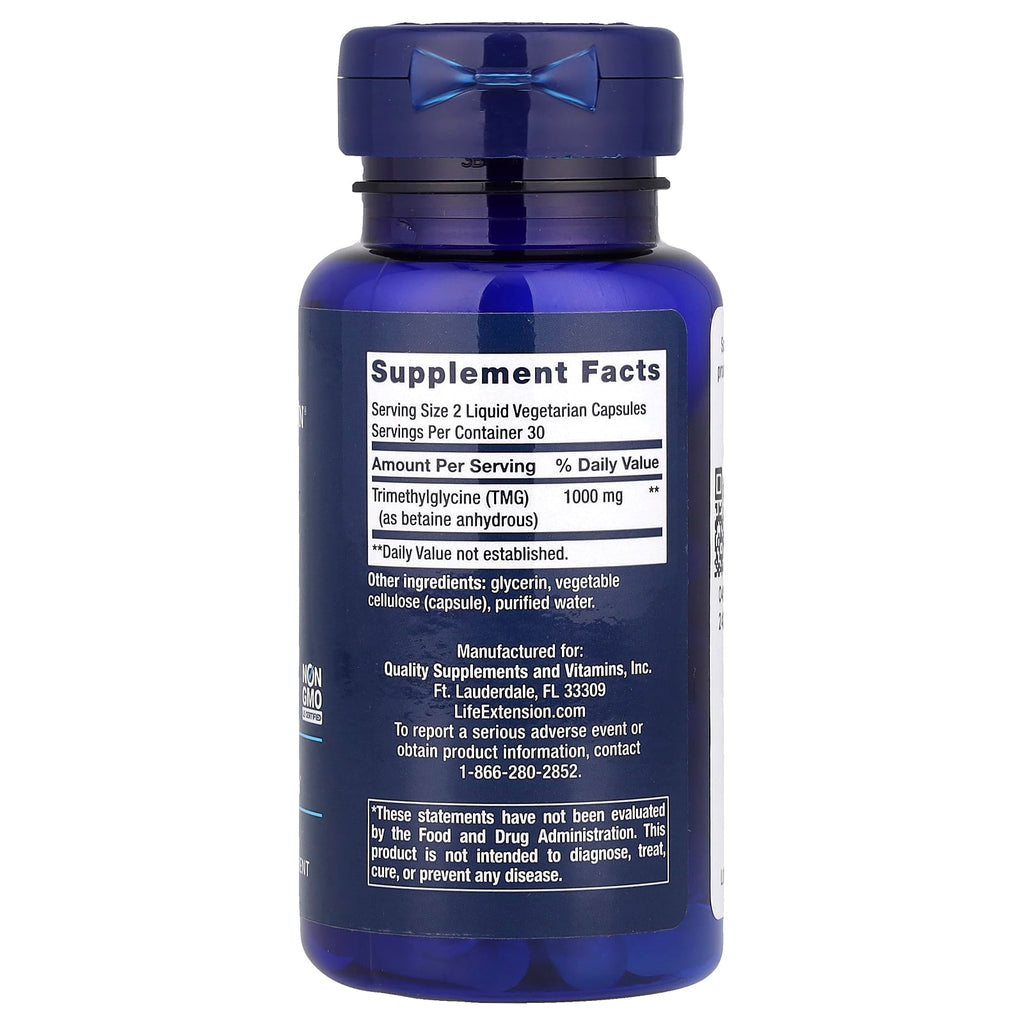 Life Extension TMG 500mg Trimethylglycine, 60 Liquid Vegetarian Capsules Homocysteine Support