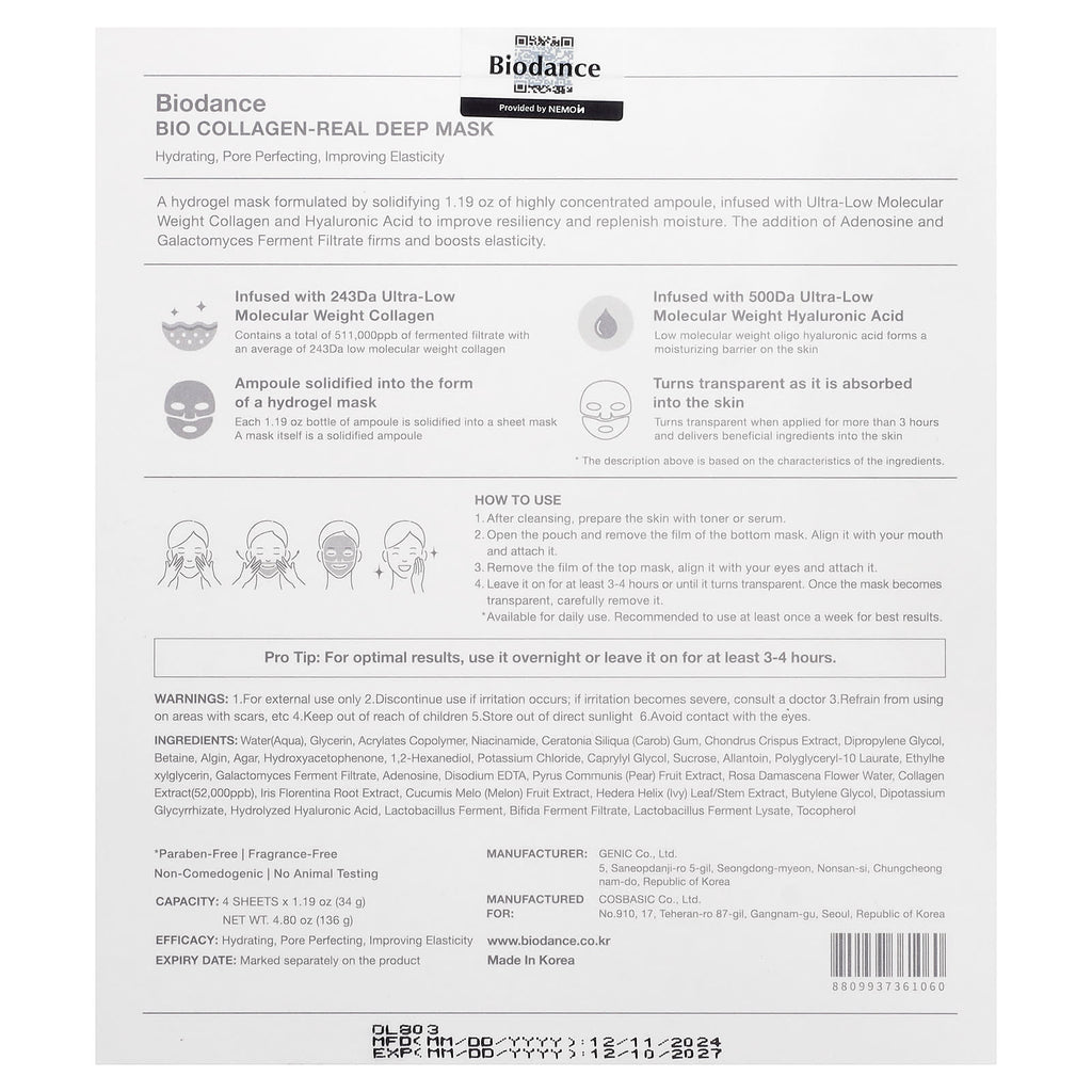 Biodance Bio Collagen Real Deep Beauty Mask: 4 Sheets for Youthful Skin