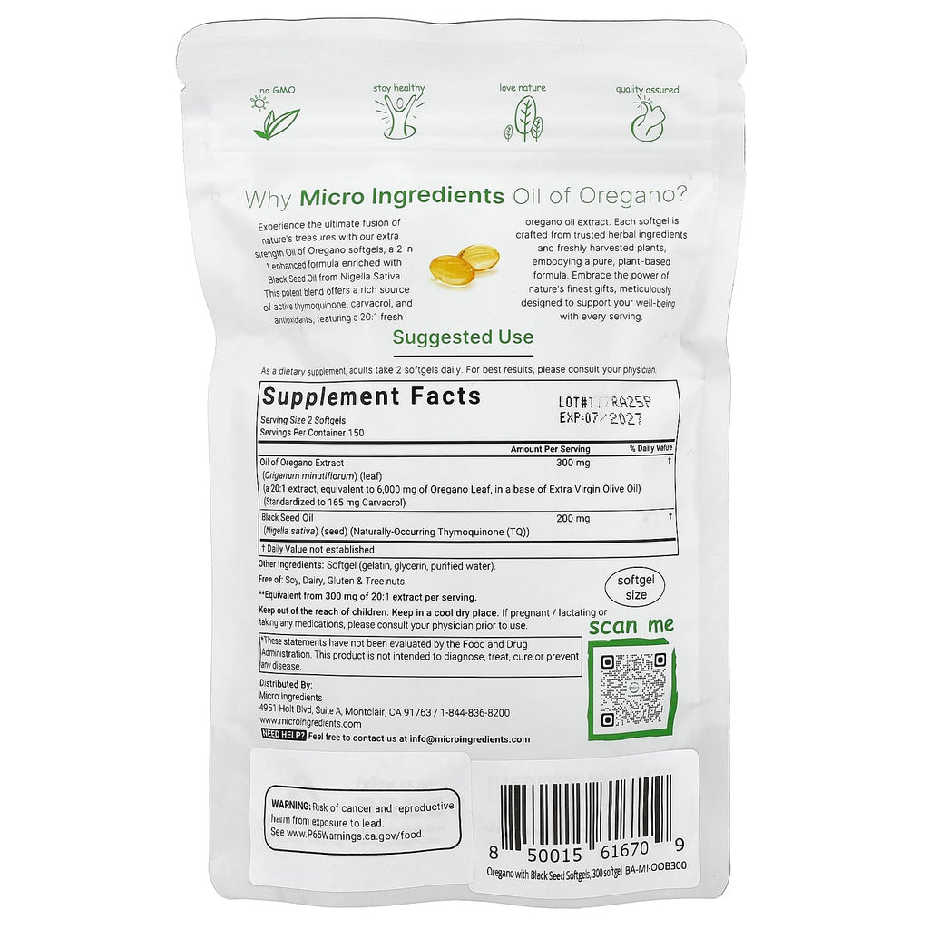 Potent Oil of Oregano Black Seed Oil 6000mg 300 Softgels Immune Support