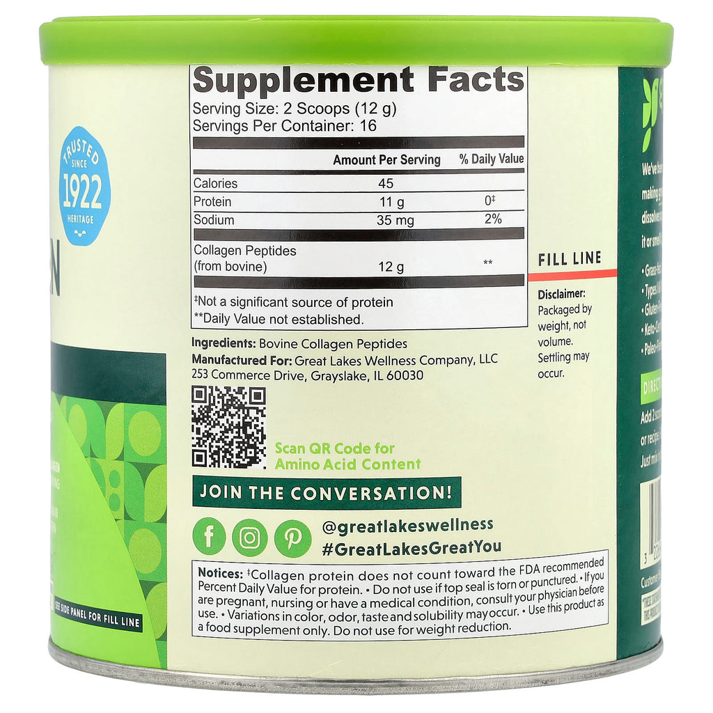 Great Lakes Wellness Quick Dissolve Unflavored Collagen Peptides Daily Wellness