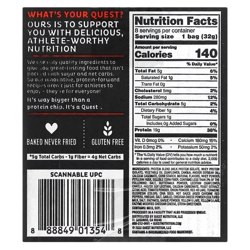 Quest Nutrition Hot & Spicy Tortilla Style Protein Chips - High Protein Low Carb Snack 8-Pack