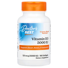 Load image into Gallery viewer, Doctor&#39;s Best Vitamin D3 5000 IU Softgels: Bone, Heart, Immune Support