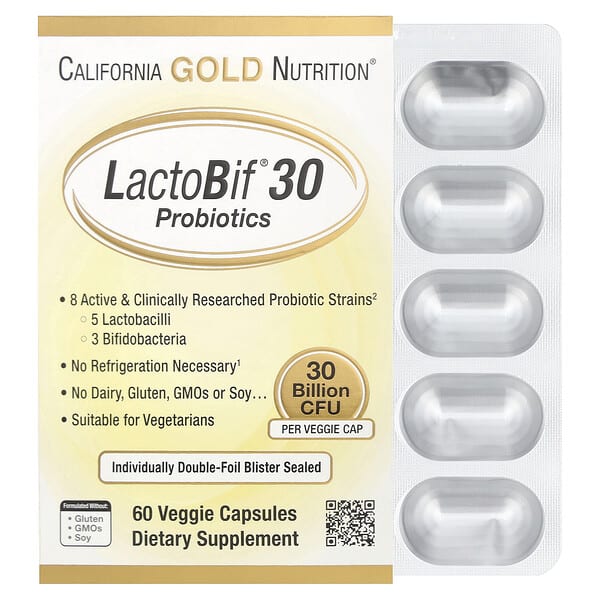 California Gold Nutrition LactoBif 30 Billion CFU Probiotics, 60 Veggie Capsules