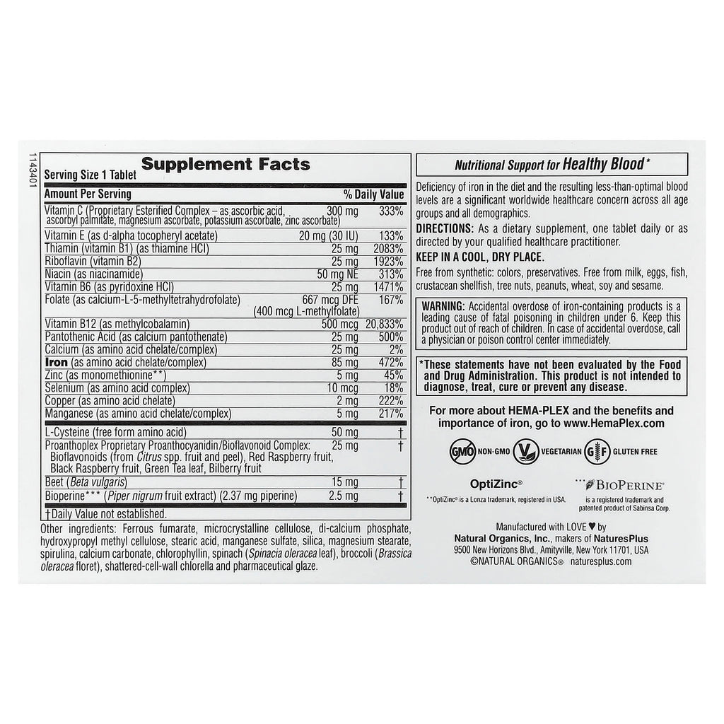 NaturesPlus Hema-Plex Iron Enhanced Slow-Release Tablets for Healthy Blood