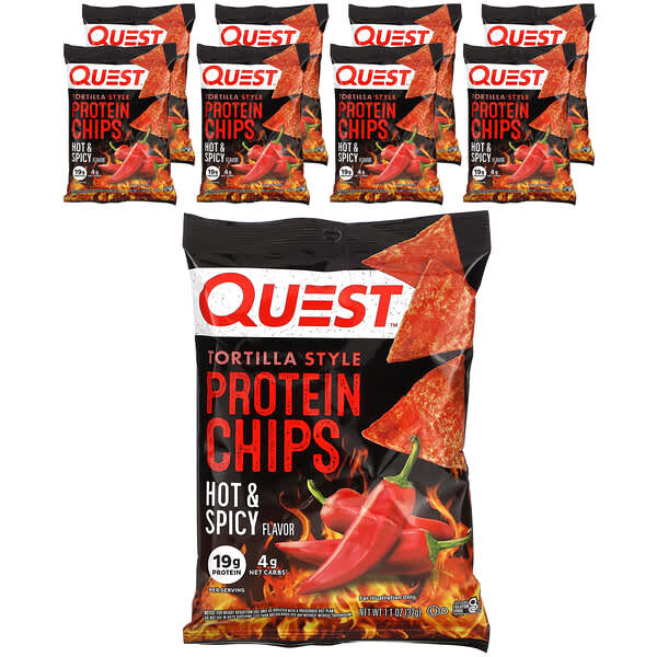 Quest Nutrition Hot & Spicy Tortilla Style Protein Chips - High Protein Low Carb Snack 8-Pack