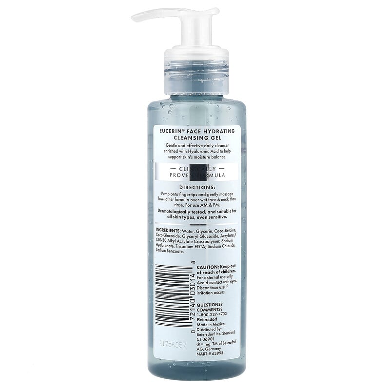 Eucerin Hydrating Cleansing Gel with Hyaluronic Acid, Oil-Free, Fragrance-Free for Face