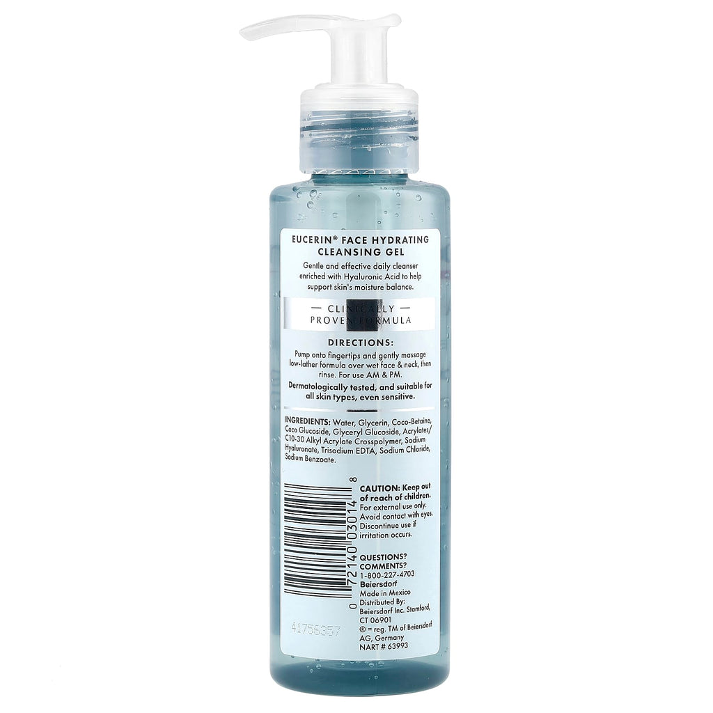 Eucerin Hydrating Cleansing Gel with Hyaluronic Acid, Oil-Free, Fragrance-Free for Face