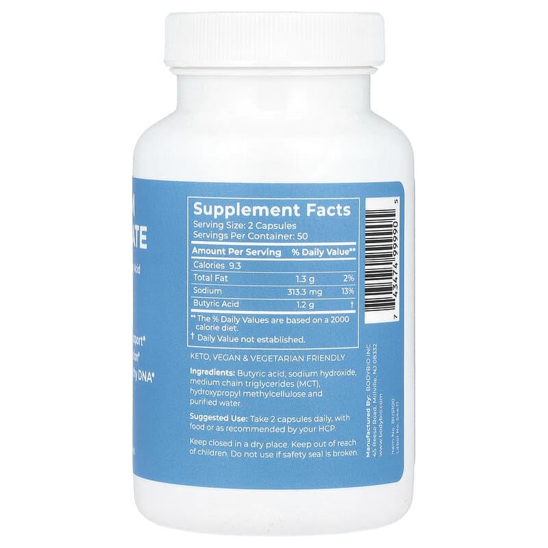 BodyBio Sodium Butyrate: Advanced Gut Health Support, 100 Non-GMO Capsules