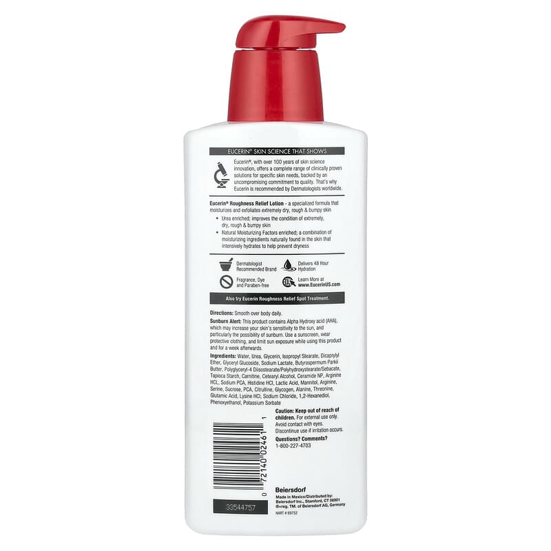 Eucerin Roughness Relief Lotion, Fragrance-Free, 48-Hour Hydration, 16.9 fl oz