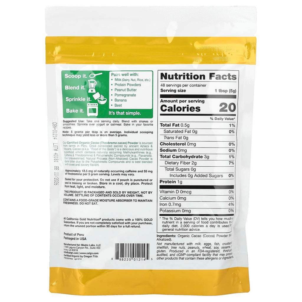 Premium Organic Cacao Powder Superfood, 8.5 Ounce, Rich Flavor, Antioxidant-Rich