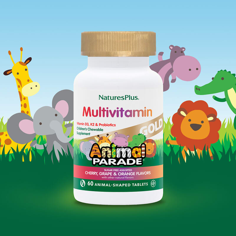 NaturesPlus Animal Parade Gold Children's Chewable Multivitamin: D3, K2, Probiotics, Sugar-Free, 60 Animal Tablets