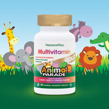 Load image into Gallery viewer, NaturesPlus Animal Parade Gold Children&#39;s Chewable Multivitamin: D3, K2, Probiotics, Sugar-Free, 60 Animal Tablets