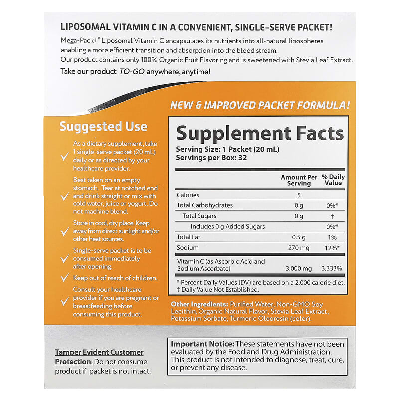 Advanced Liposomal Vitamin C 1000mg Daily Immune Support Liquid Packs 32 Servings