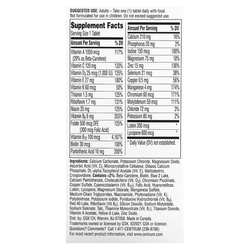 Centrum Silver Men 50+ Multivitamin, 100 Tablets: Supports Heart, Brain, Eye Health