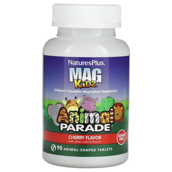 NaturesPlus MagKidz Animal Parade Children's Chewable Magnesium, Cherry Flavor, 90 Tablets