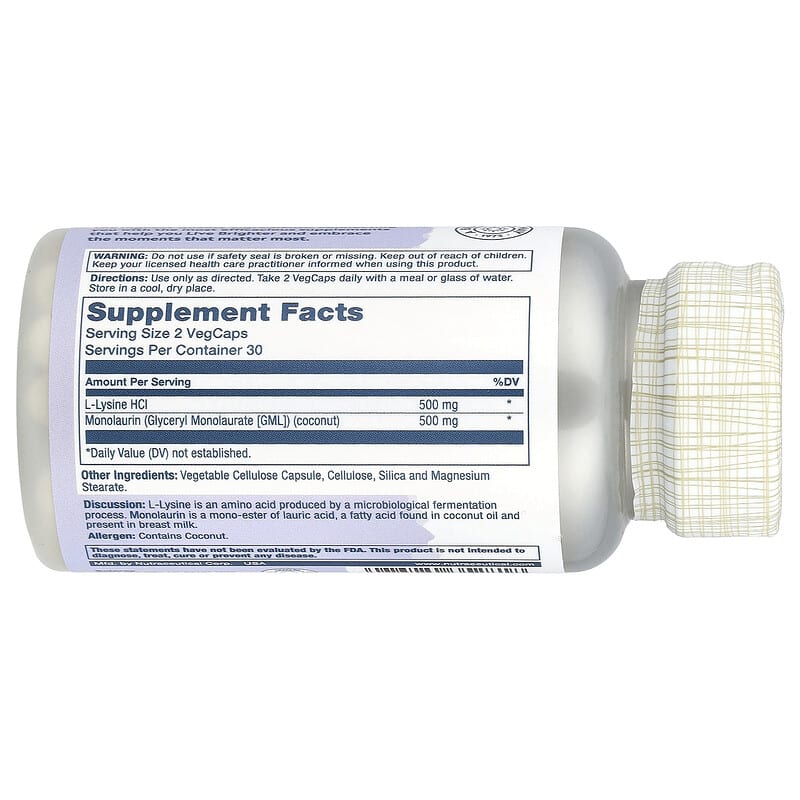 Solaray L-Lysine Monolaurin 1:1 Ratio Immune Support Supplement 60 VegCaps