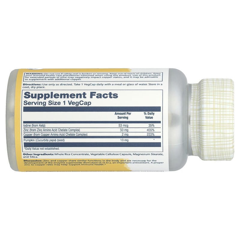 Solaray Zinc Copper with Kelp & Pumpkin Seed, 100 VegCaps, Immune Support