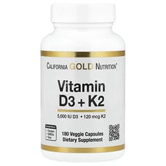 California Gold Nutrition Vitamin D3 + K2 MK-7, 180 Veggie Capsules