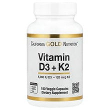 Load image into Gallery viewer, California Gold Nutrition Vitamin D3 + K2 MK-7, 180 Veggie Capsules