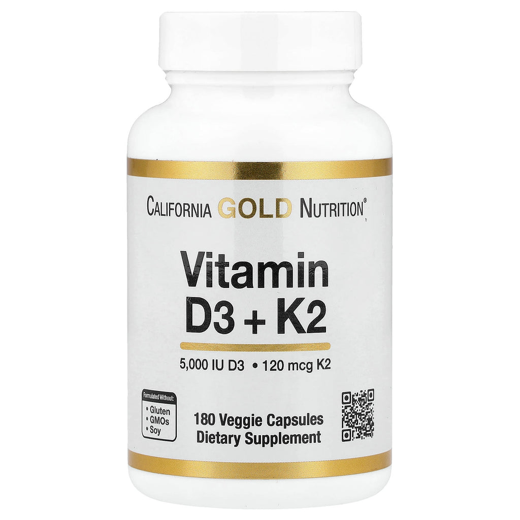 California Gold Nutrition Vitamin D3 + K2 MK-7, 180 Veggie Capsules