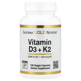 California Gold Nutrition Vitamin D3 + K2 MK-7, 180 Veggie Capsules