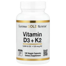 Load image into Gallery viewer, California Gold Nutrition Vitamin D3 + K2 MK-7, 180 Veggie Capsules