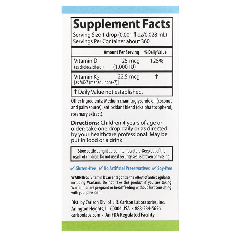 Carlson Kids Super Daily D3 K2 Liquid Drops - Bone & Immune Support