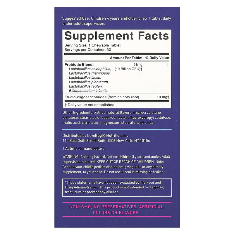 LoveBug Kids Probiotics Berry Chewable Tablets 10 Billion CFU for Ages 4+