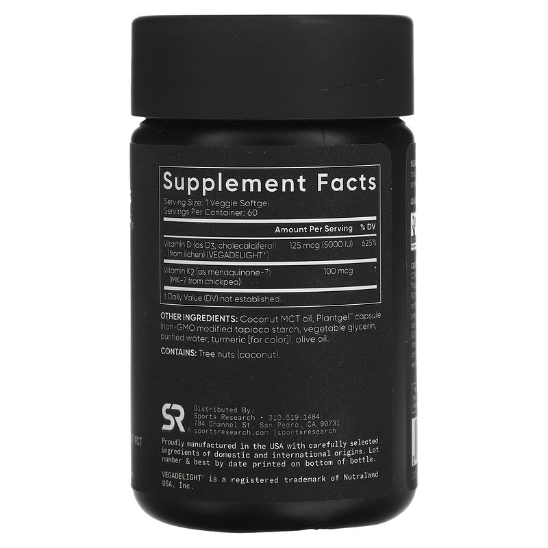 Sports Research Plant-Based D3 + K2 Vitamin Supplement for Bone & Immune Health