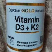 Load image into Gallery viewer, California Gold Nutrition Vitamin D3 + K2 MK-7, 180 Veggie Capsules